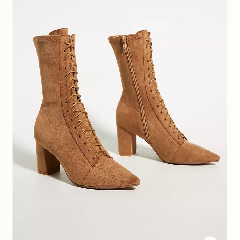 Silent D Anthropologie tan brown lace up pointed toe mid calf boot